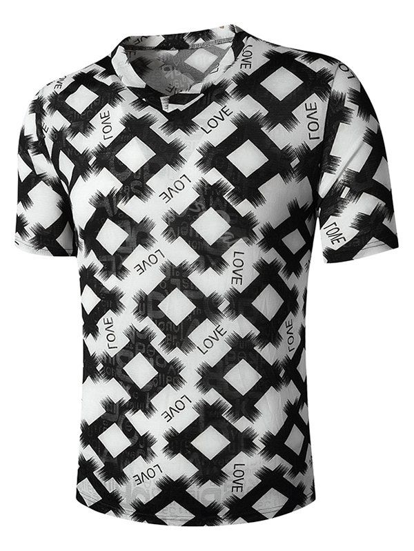 Shop V Neck Letter Rhombus Print Semi Sheer T Shirt  