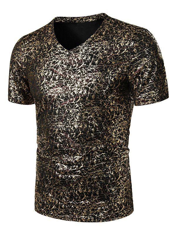 

V Neck Allover Gilding Print Short Sleeve T Shirt, Black