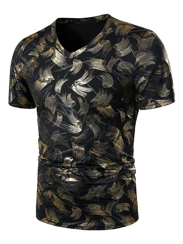 

V Neck Gilding Print Short Sleeve T Shirt, Black