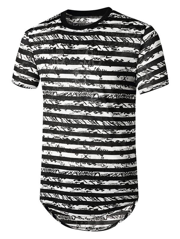 

Striped Semi Sheer Longline Curved T Shirt, Black