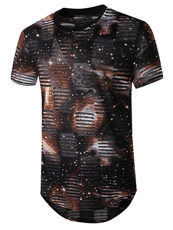Trendy Starry Print Mesh Patch Hole Longline Curved T Shirt  