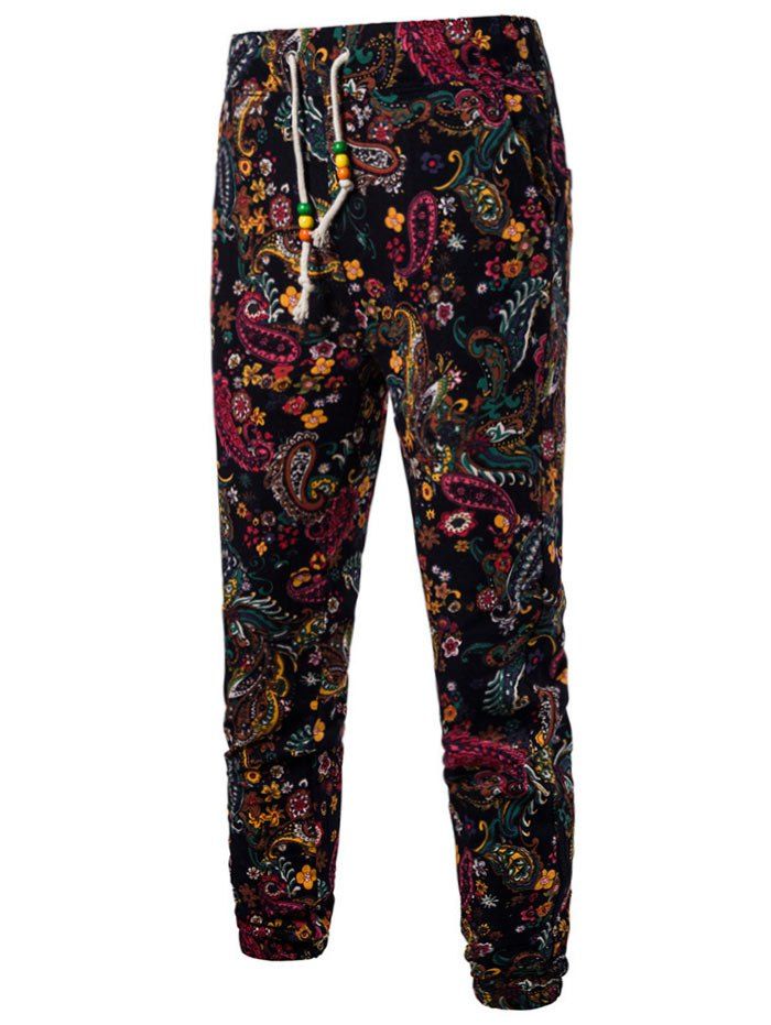 

Tribal Flower Paisley Print Casual Jogger Pants, Black