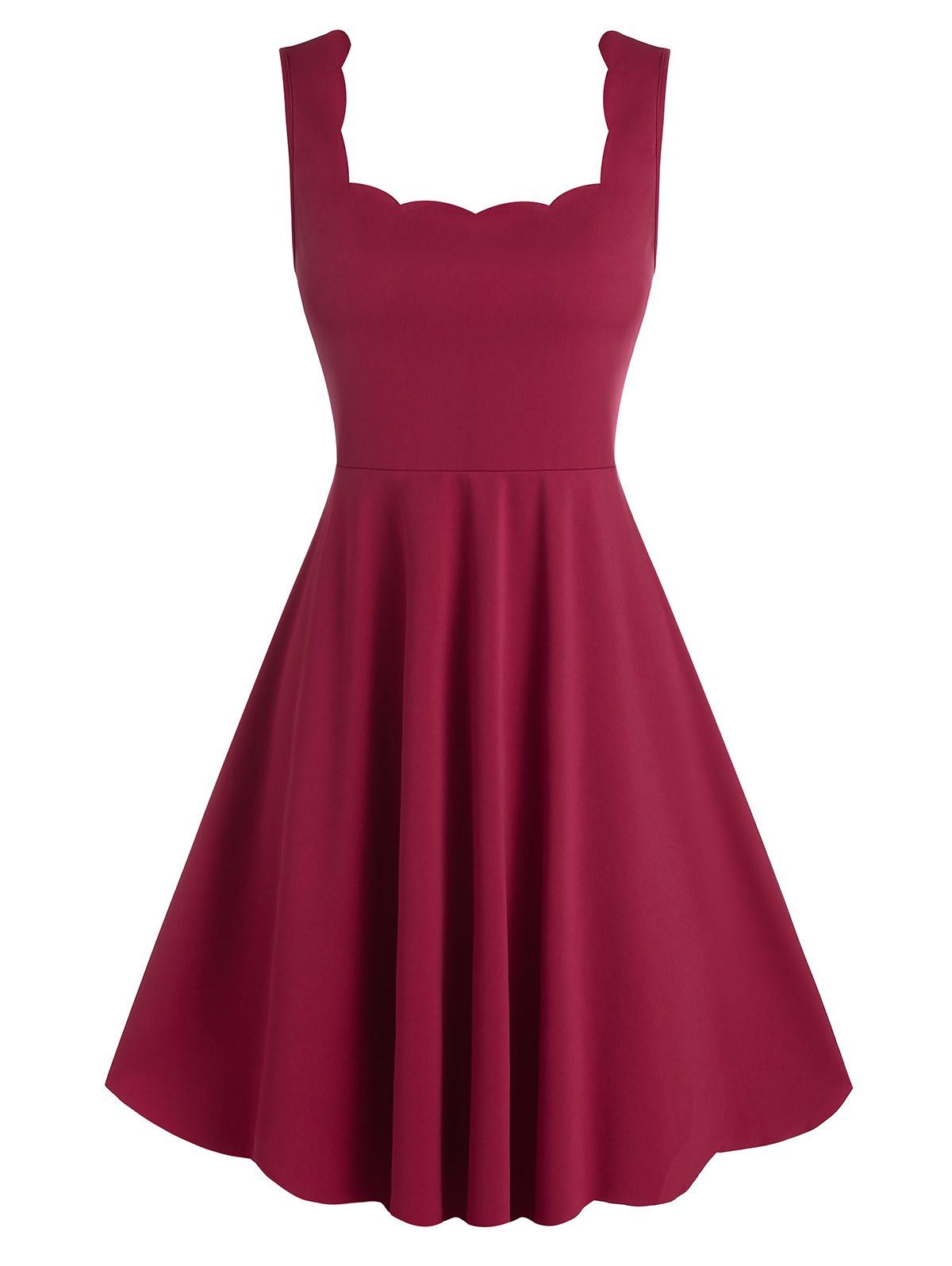 

Square Neck Sleeveless Scalloped Flare Dress, Red wine