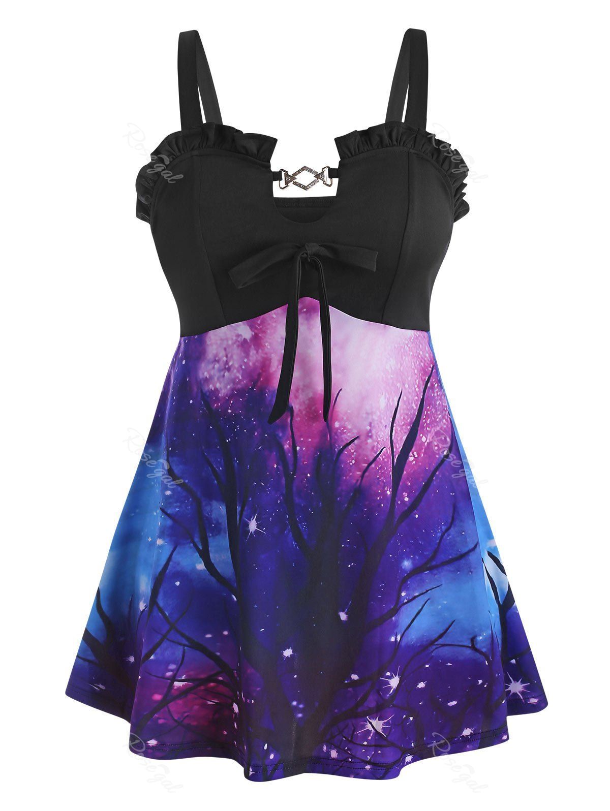 

Plus Size Ruffle 3D Galaxy Print Tank Top, Black