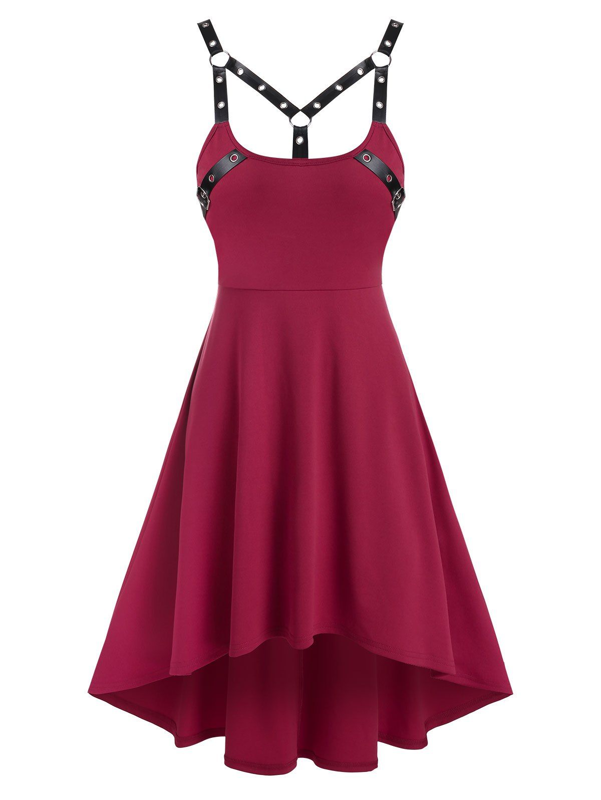 

Sleeveless Harness Insert High Low Gothic Dress, Red wine