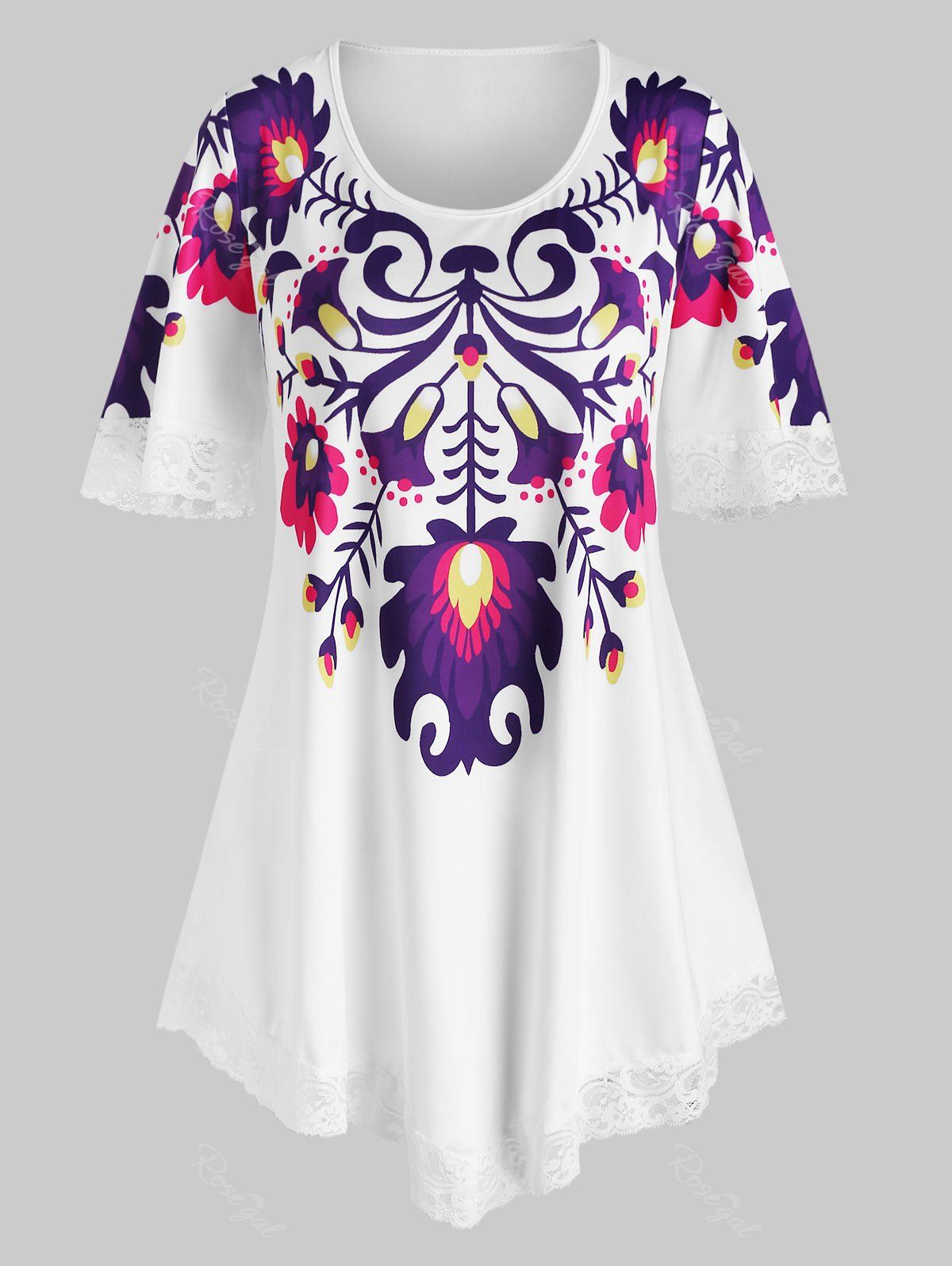 T-shirt Panneau en Dentelle Fleuri Imprimé de Grande Taille Blanc 4X
