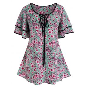 

Plus Size Lace-up Flower Binding Flutter Sleeve Curved Blouse, Medium sea green