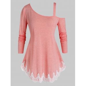

Plus Size Skew Neck Contrast Lace T Shirt, Rose