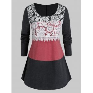 

Plus Size Color Blocking Applique Panel Long Sleeve Tee, Multi
