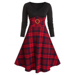 

Plaid Print Long Sleeve O-ring Dress, Red