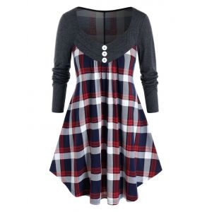 

Plus Size Plaid Mock Button Curved Tunic Tee, Carbon gray