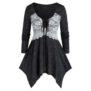 

Plus Size Space Dye Handkerchief Lace-up Lace Panel Tee, Dark slate grey