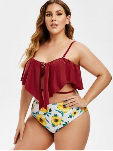 

Plus Size Floral Print Lace Up Ruffled Tankini Swimwear, Red wine