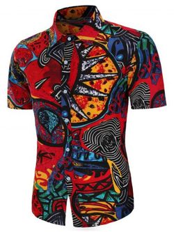 Abstract Tribe Print Linen Button Up Shirt - MULTI - M