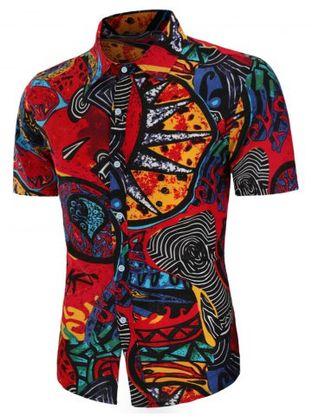 Abstract Tribe Print Linen Button Up Shirt