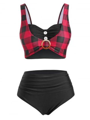 Plaid Print Mock Button High Waisted Tankini Swimwear