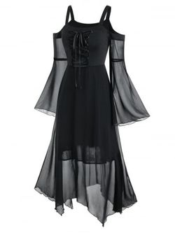 Plus Size Cold Shoulder Bell Sleeve Lace Up Dress - BLACK - 5X