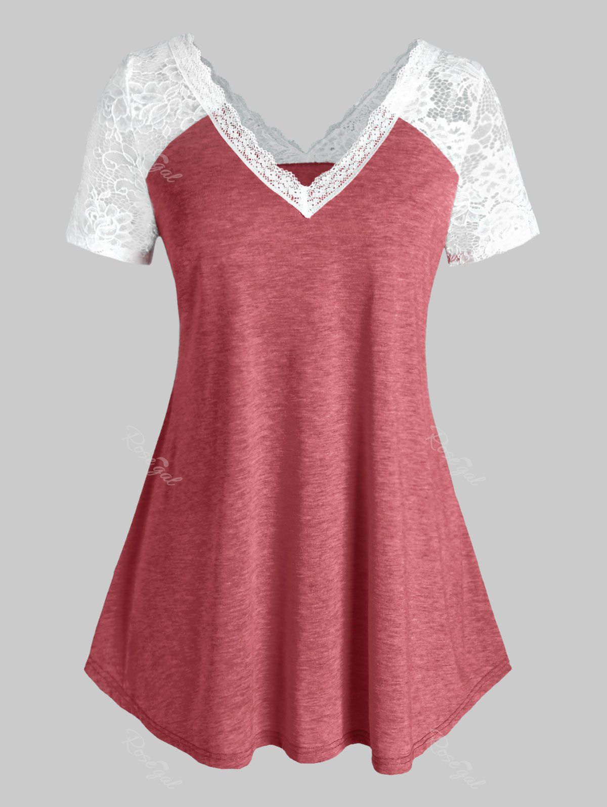 

Plus Size Raglan Sleeve Lace V Neck T Shirt, Cherry red