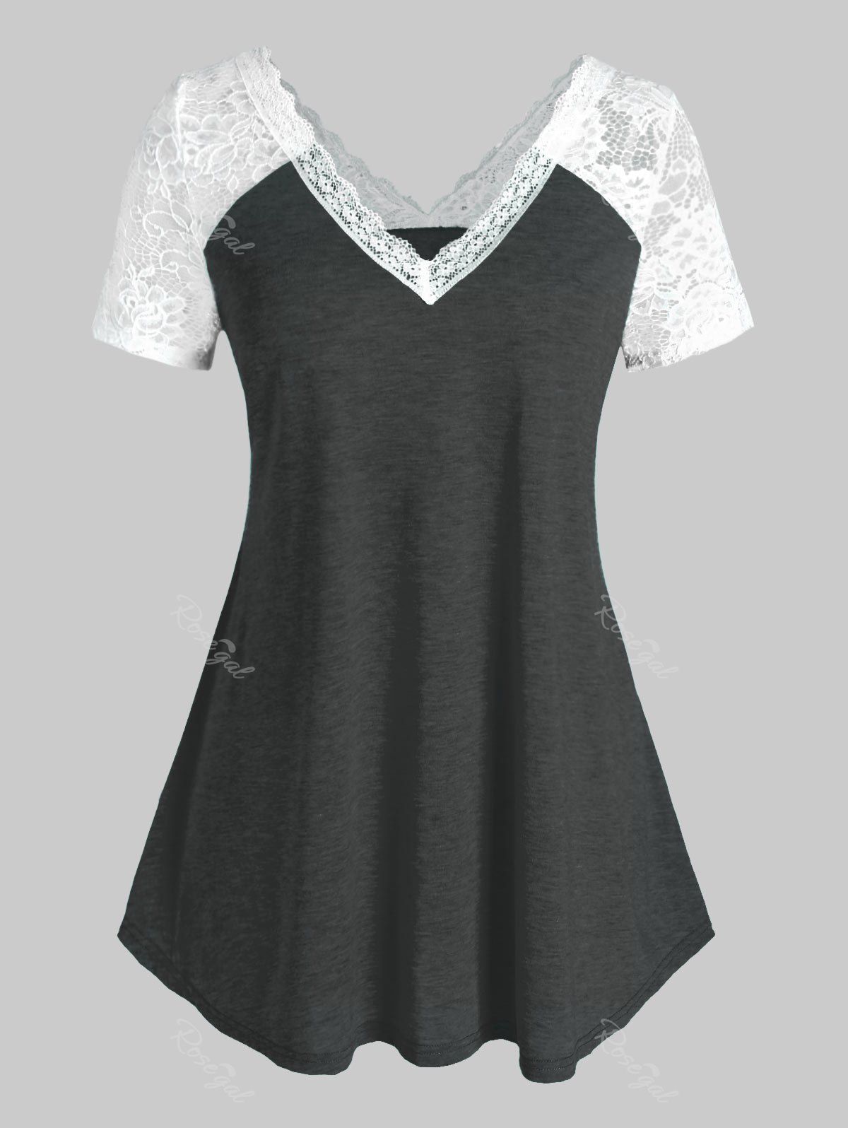 

Plus Size Raglan Sleeve Lace V Neck T Shirt, Dark slate grey