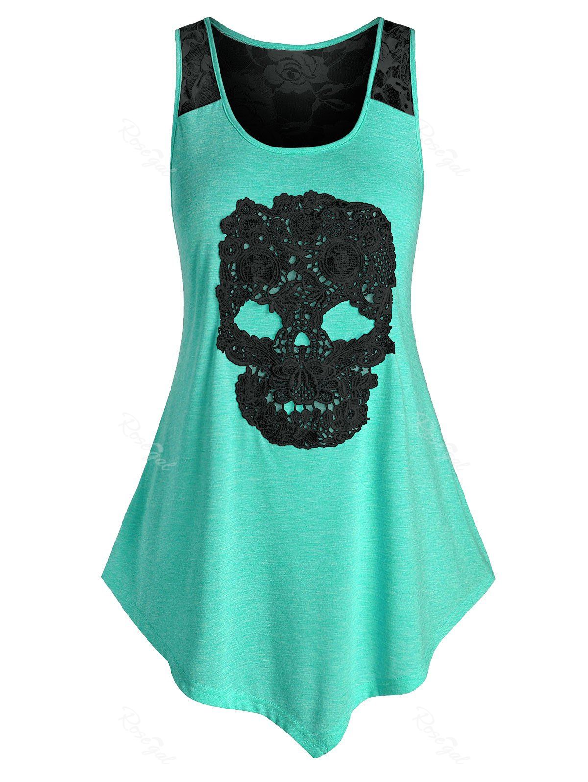 

Plus Size Asymmetric Lace Skull Tank Top, Medium turquoise