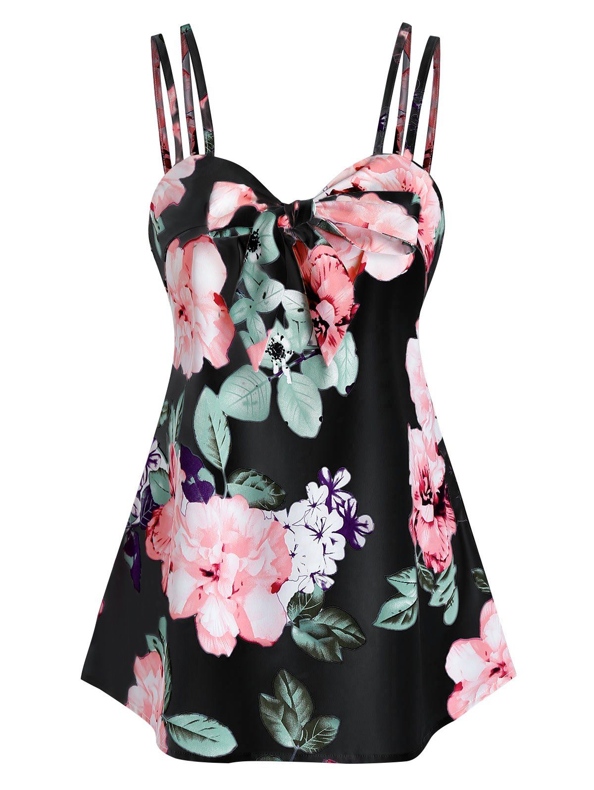 

Flower Print Knot Front Strappy Tank Top, Black