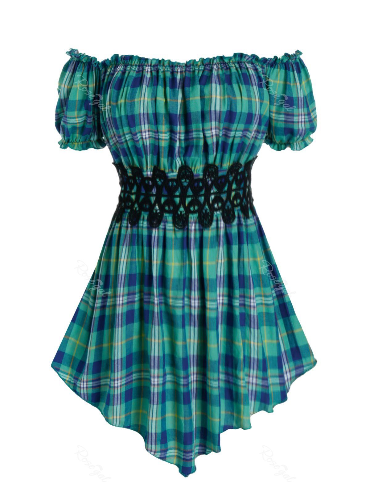 

Plus Size Puff Sleeve Applique Plaid Top, Sea green