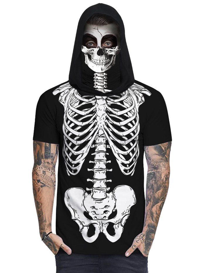 

Skull Skeleton Print Mask Hooded T-shirt, Black