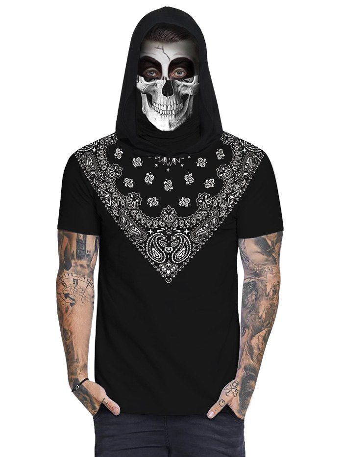 

Bandana Skull Print Mask Hooded T-shirt, Black
