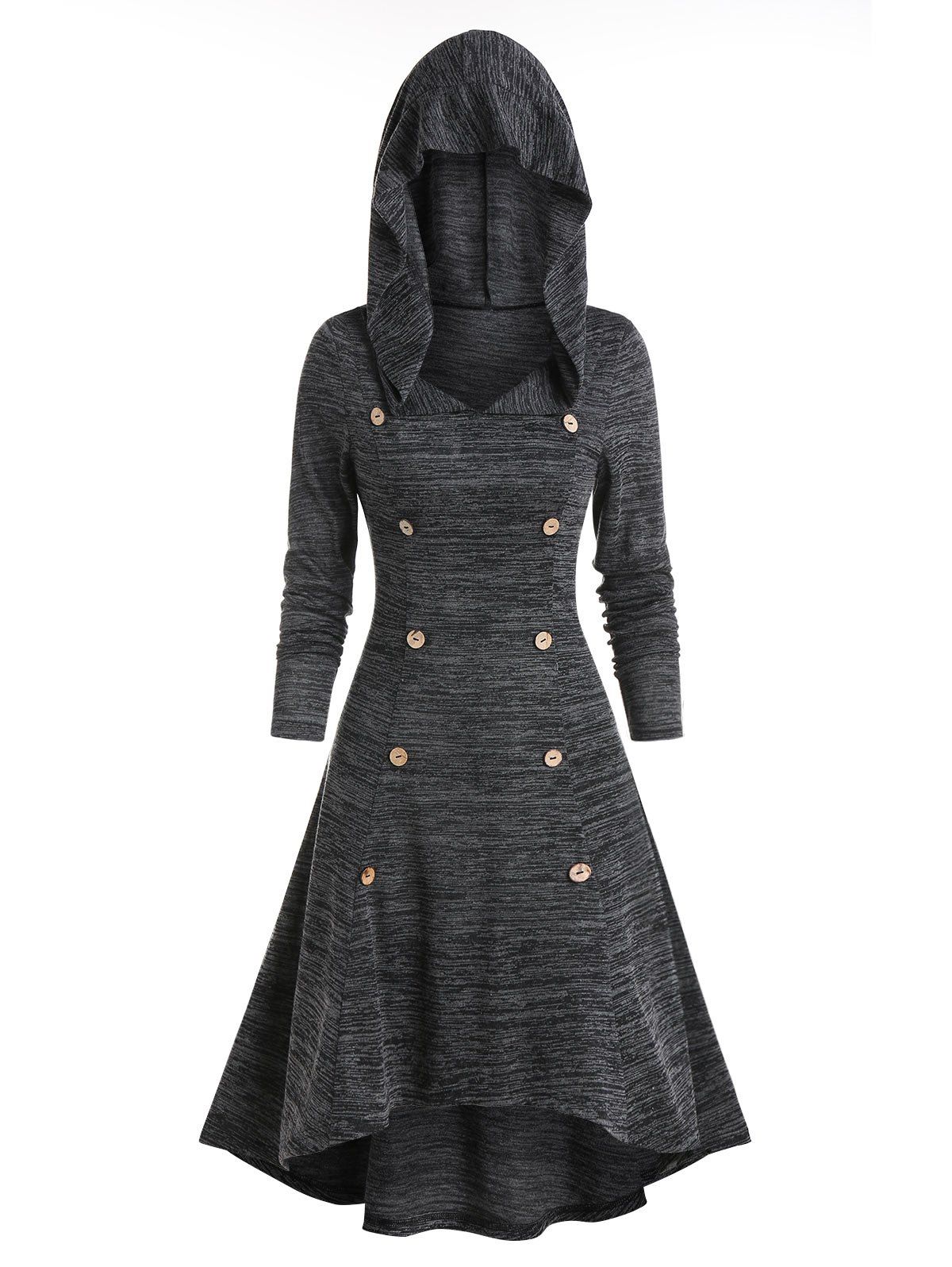 

Mock Button Space Dye High Low Hooded Dress, Dark gray