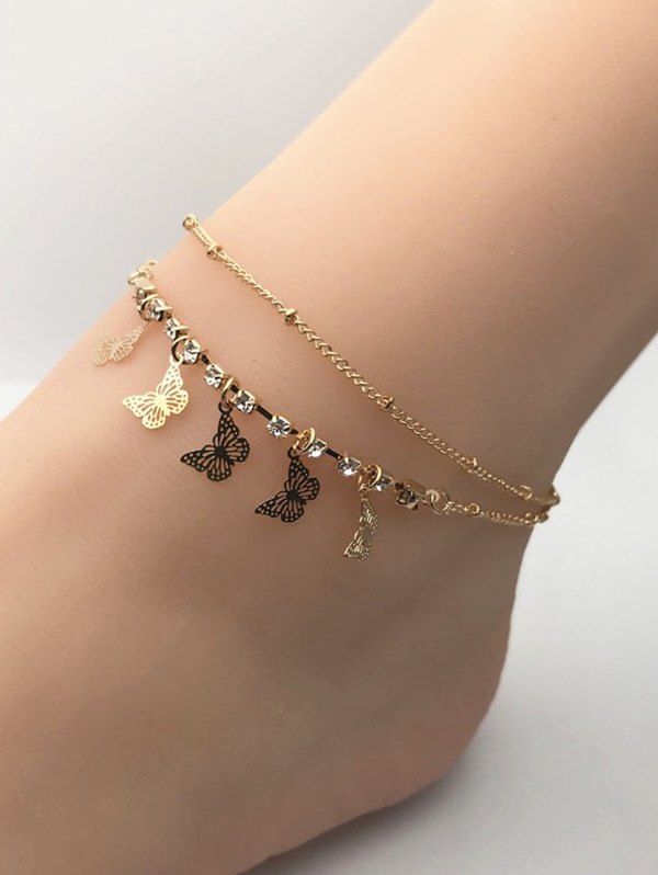 

Butterfly Charm Rhinestone Double Layer Chain Anklets, Golden