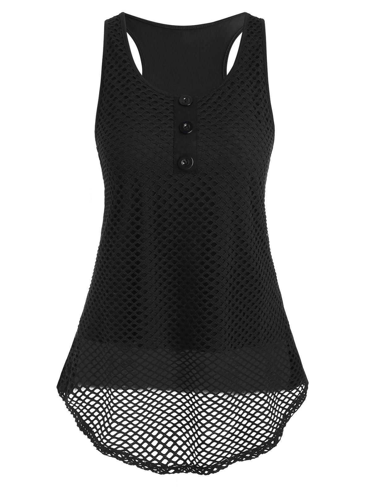 

Fishnet Buttoned Racer Tank Top, Black