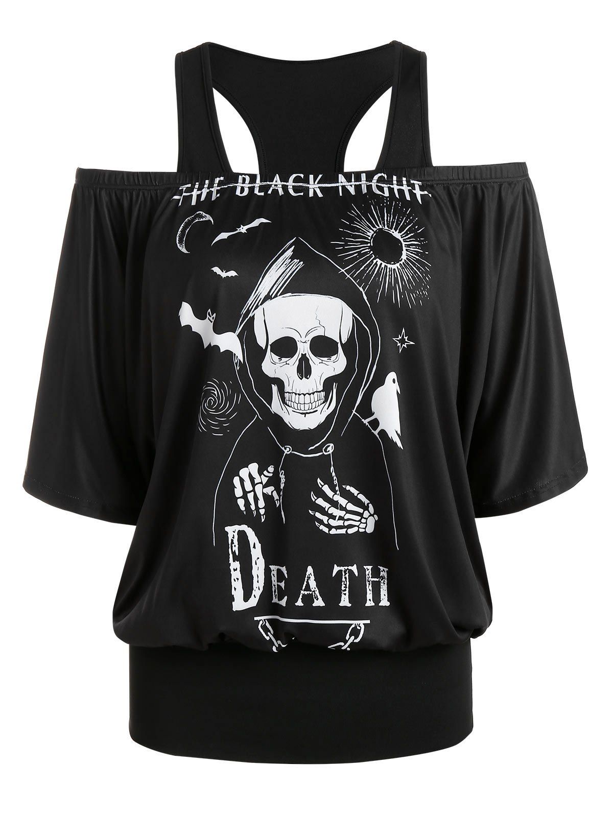 

Halloween Skull Graphic Cold Shoulder Blouson T Shirt, Black