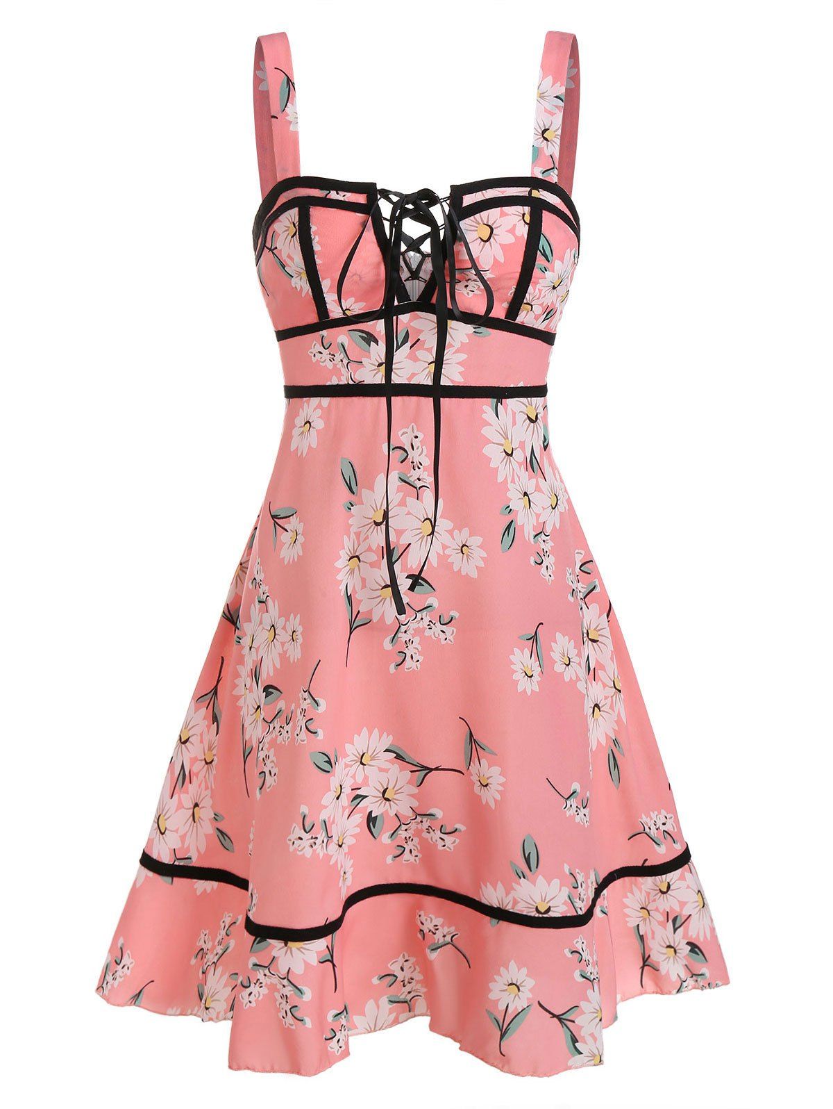 

Sleeveless Flower Print Lace-up Flare Dress, Pink