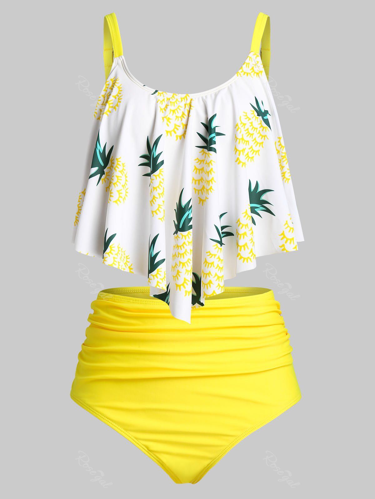 Plus Size Pineapple Ruched Flounce High Waisted Tankini Swimwear [54% ...