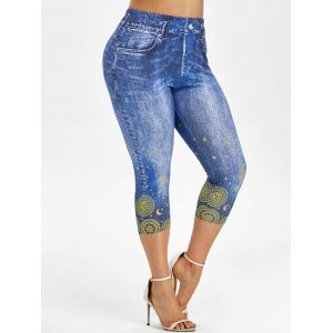 

Plus Size 3D Pattern Moon and Sun Capri Jeggings, Blue