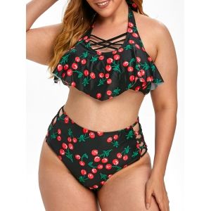 

Plus Size Crisscross Cherry Print Tankini Swimwear, Black