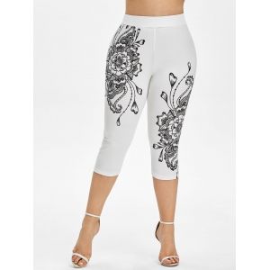 

Plus Size Flower Print High Waisted Capri Leggings, White