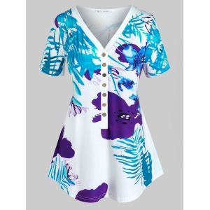 

Plus Size Flower Leaf Print Button Placket Tunic Tee, Light blue