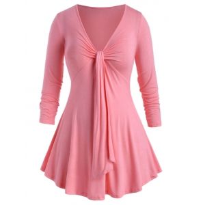 

V Neck Curved Hem Twisted Front Plus Size Top, Light pink