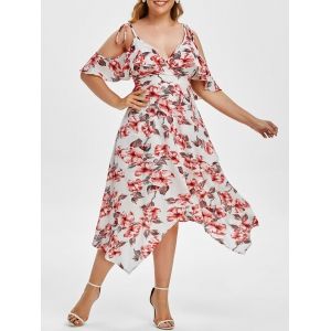 

Plus Size Ruffled Cold Shoulder Floral Handkerchief Dress, White