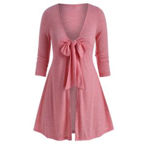 

Plus Size Plunge Front Tie Long Tunic Tee, Light pink