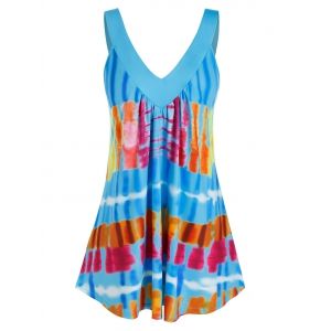 

Plus Size Double V Neck Tie Dye Tunic Tank Top, Multi