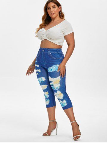 

Plus Size 3D Ripped Print Tie Dye Jeggings, Blue