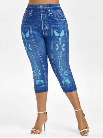 

Plus Size High Waist 3D Jean Print Capri Jeggings, Light blue