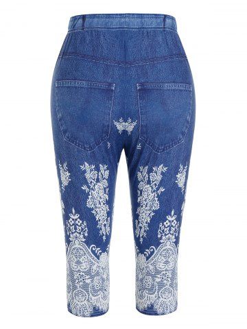 

Plus Size Leaf 3D Print High Waisted Capri Jeggings, Blue