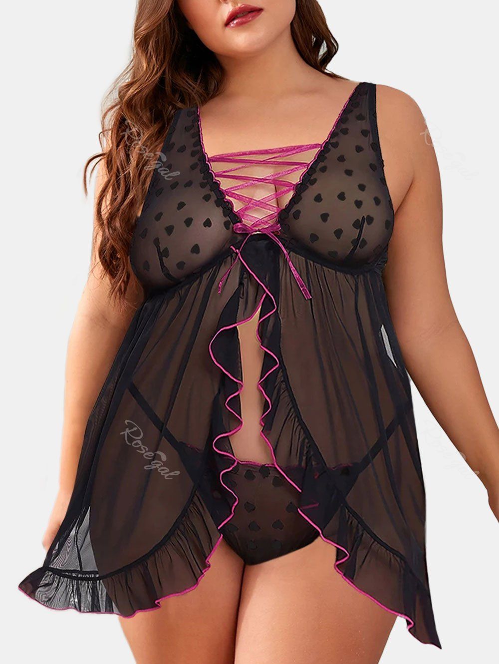 

T-back Flounces Lace Up Heart Plus Size Lingerie Babydoll, Black