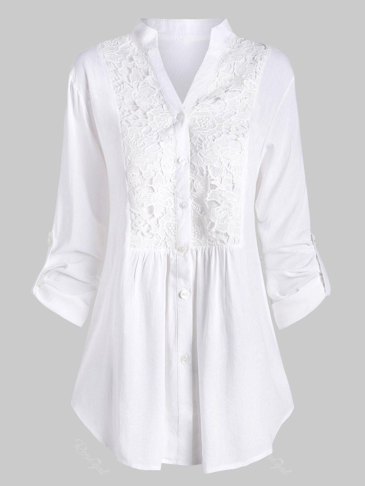 

Plus Size Roll Up Sleeve Lace Crochet Shirt, White