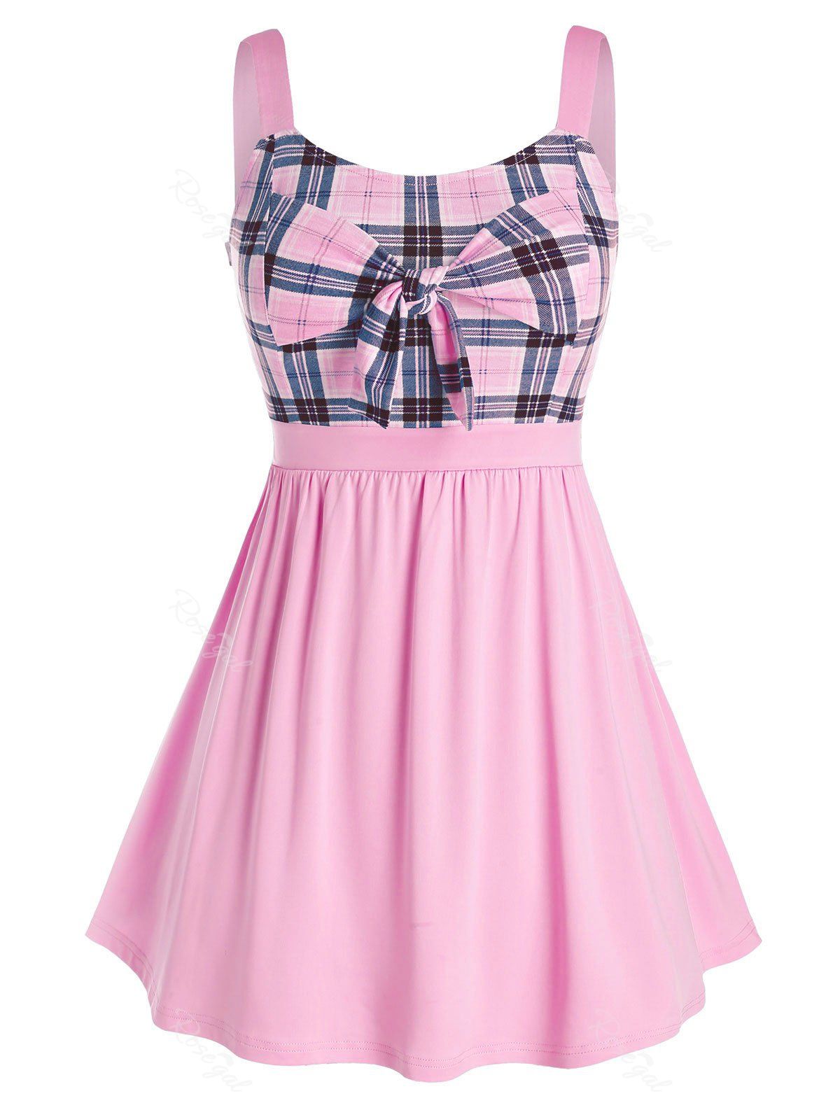 

Plus Size Plaid Bowknot Splicing Tank Top, Pink