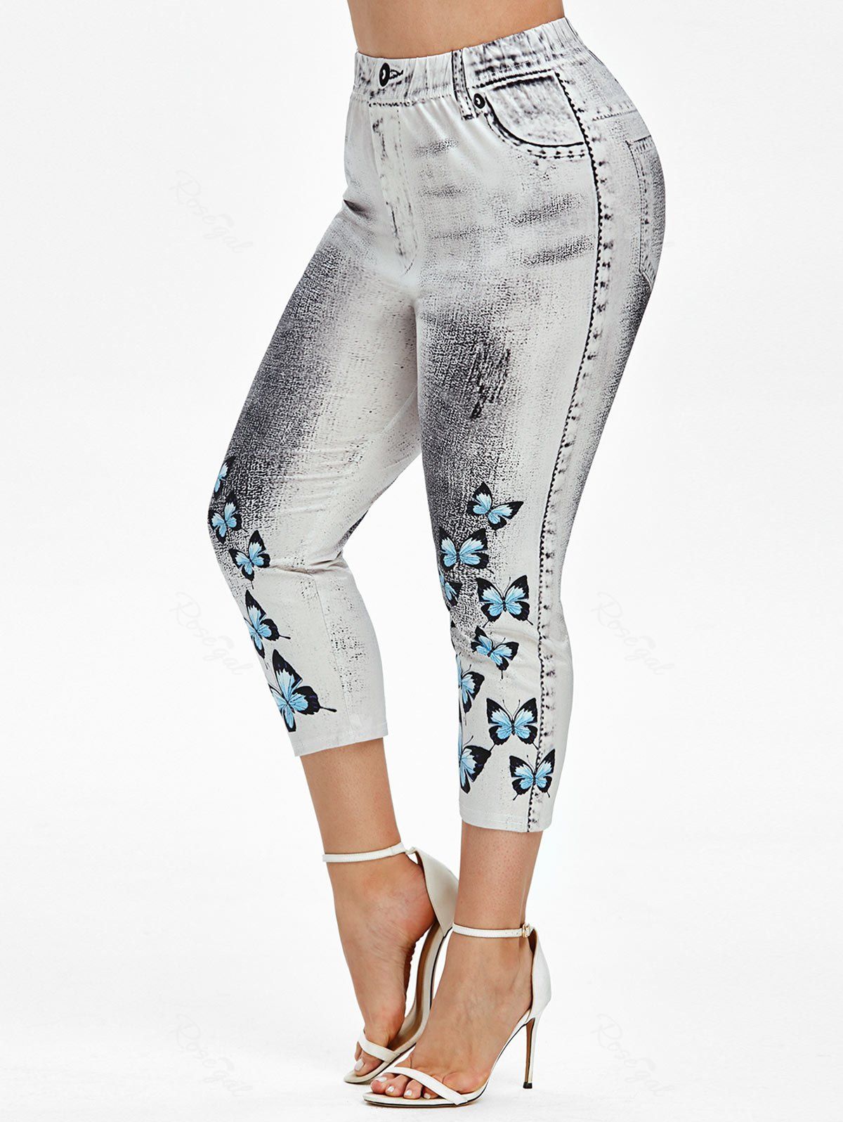 

Plus Size 3D Denim Butterfly Print Capri High Rise Jeggings, White