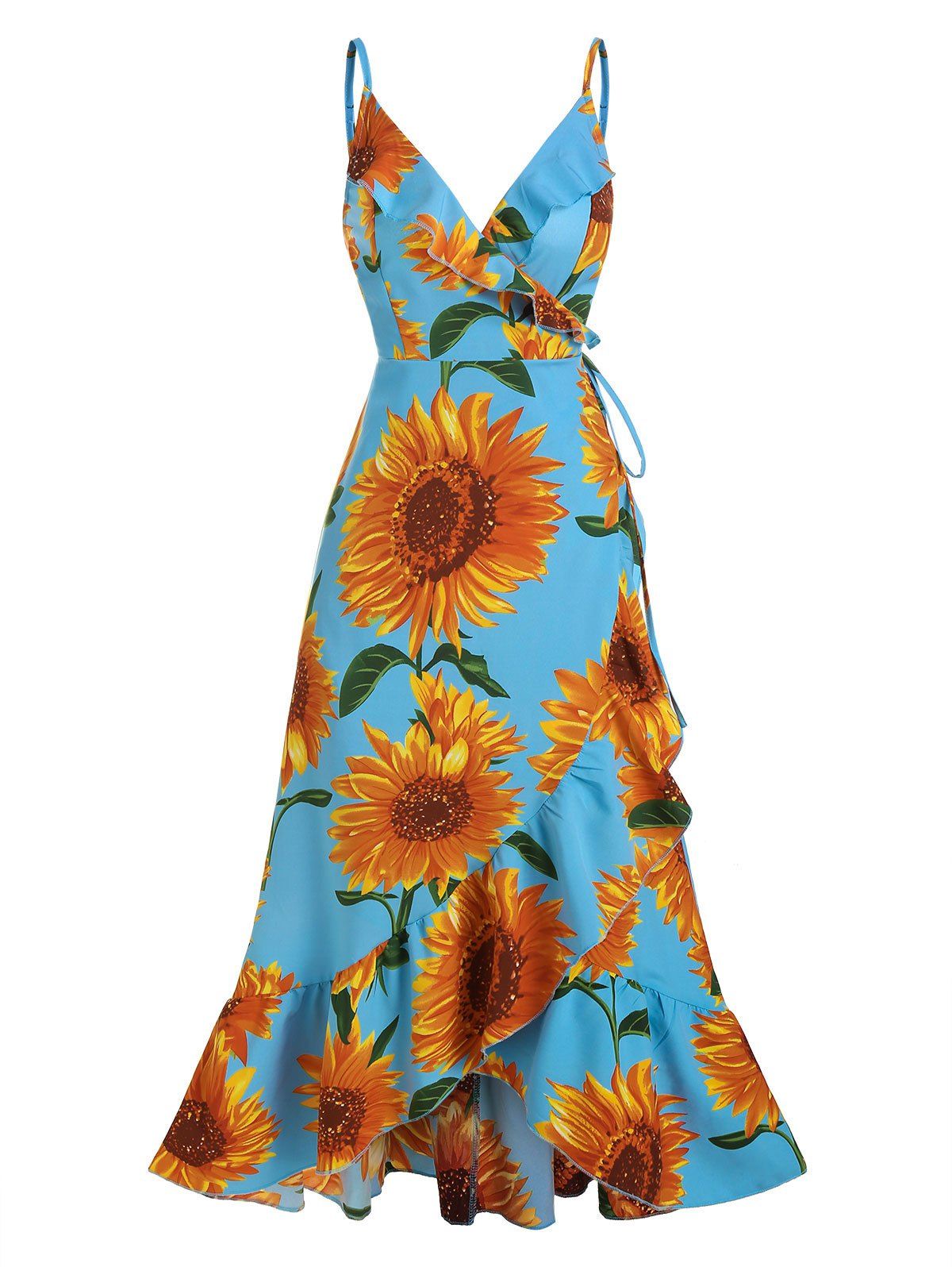 

Sunflower Print Flounce Wrap Maxi Dress, Day sky blue